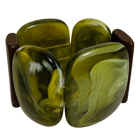 Antique Bakelite Cuff Bracelet Art Deco Swirls Stretch Rectangle Green Rare - Picture 1 of 8